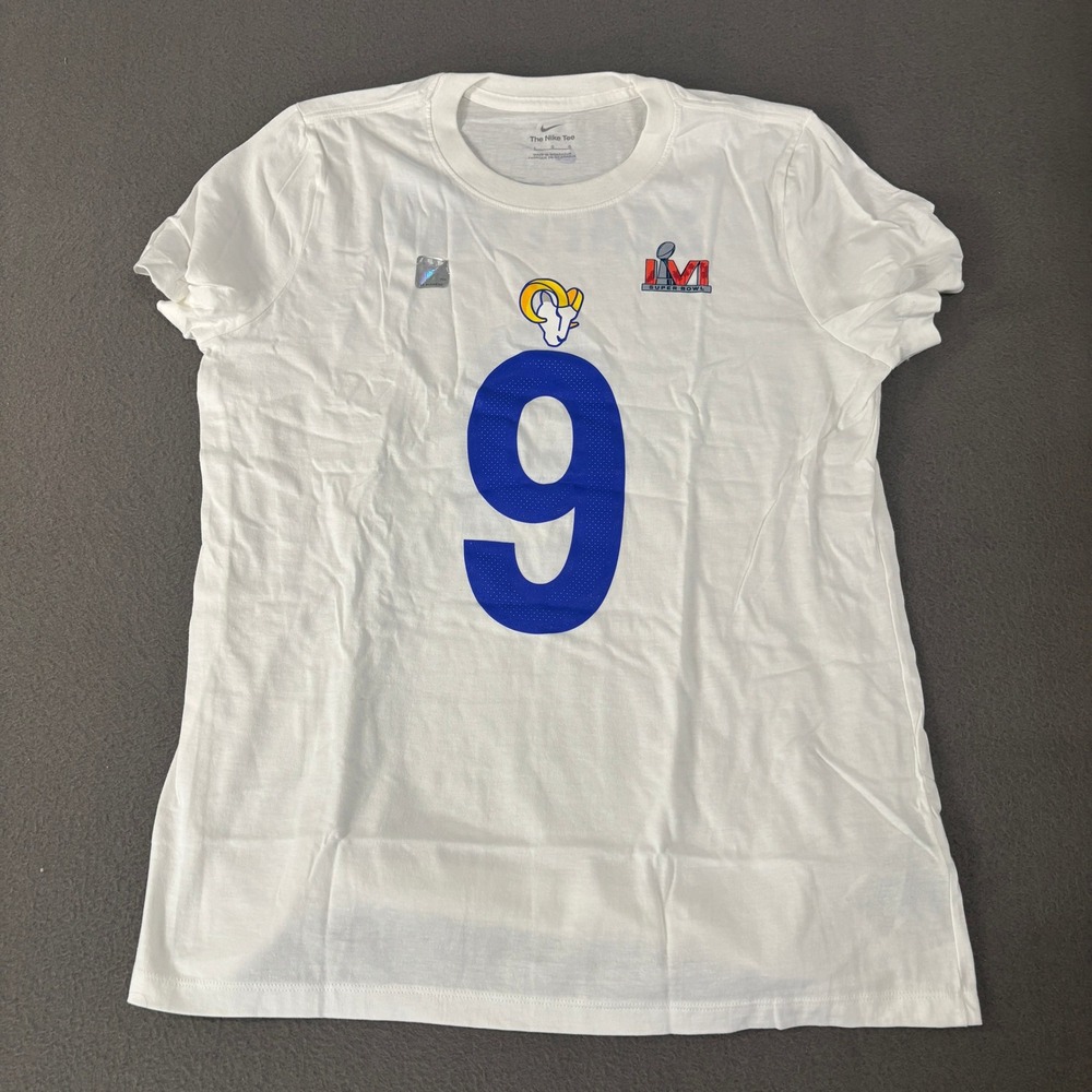 Nike Los Angeles Rams Super Bowl LVI Stafford Tee Women Size L White Blue 8102